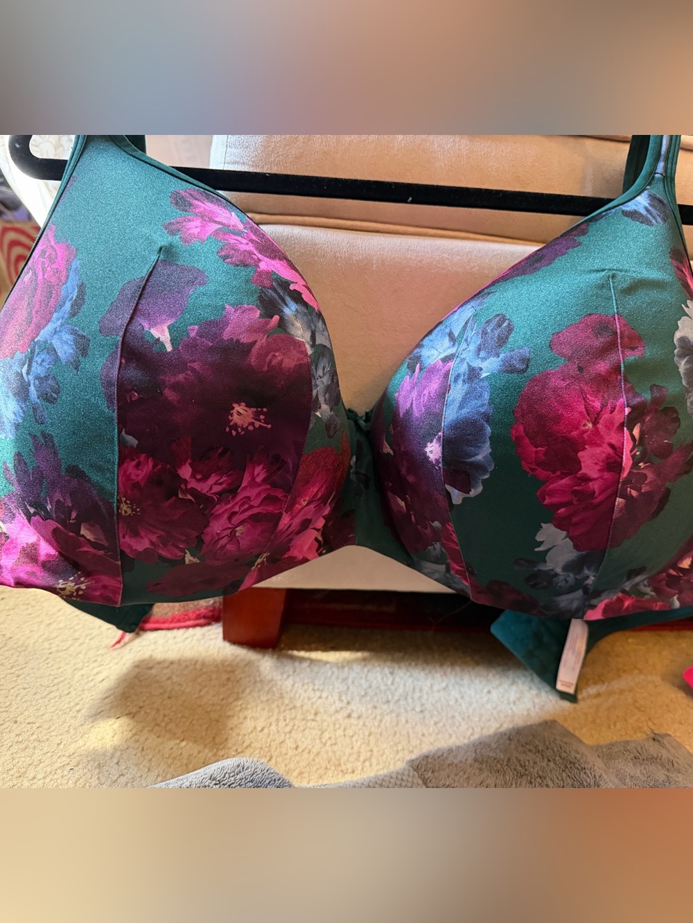 Cacique Green Satin Bra with Pink & Purple Floral Print